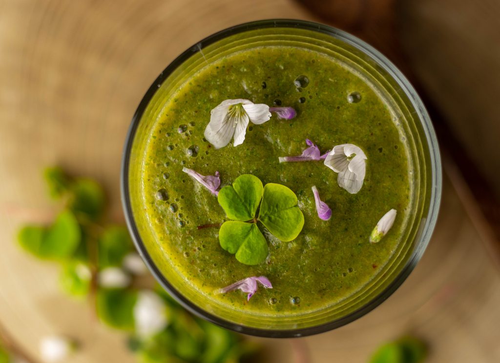 Fruchtsmoothie mit Wildkräutern und Birkenblättern