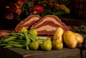 Zutaten für vegane Birnen, Bohnen und Speck