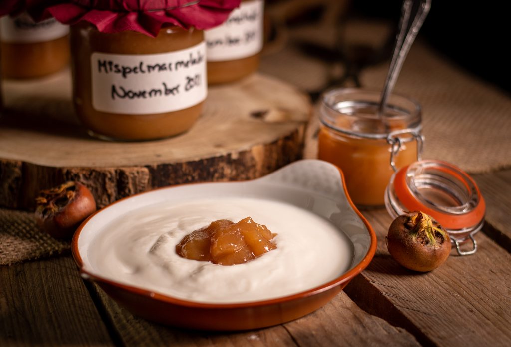 Ein Klecks Mispelmarmelade in einer Schale mit veganem Joghurt.