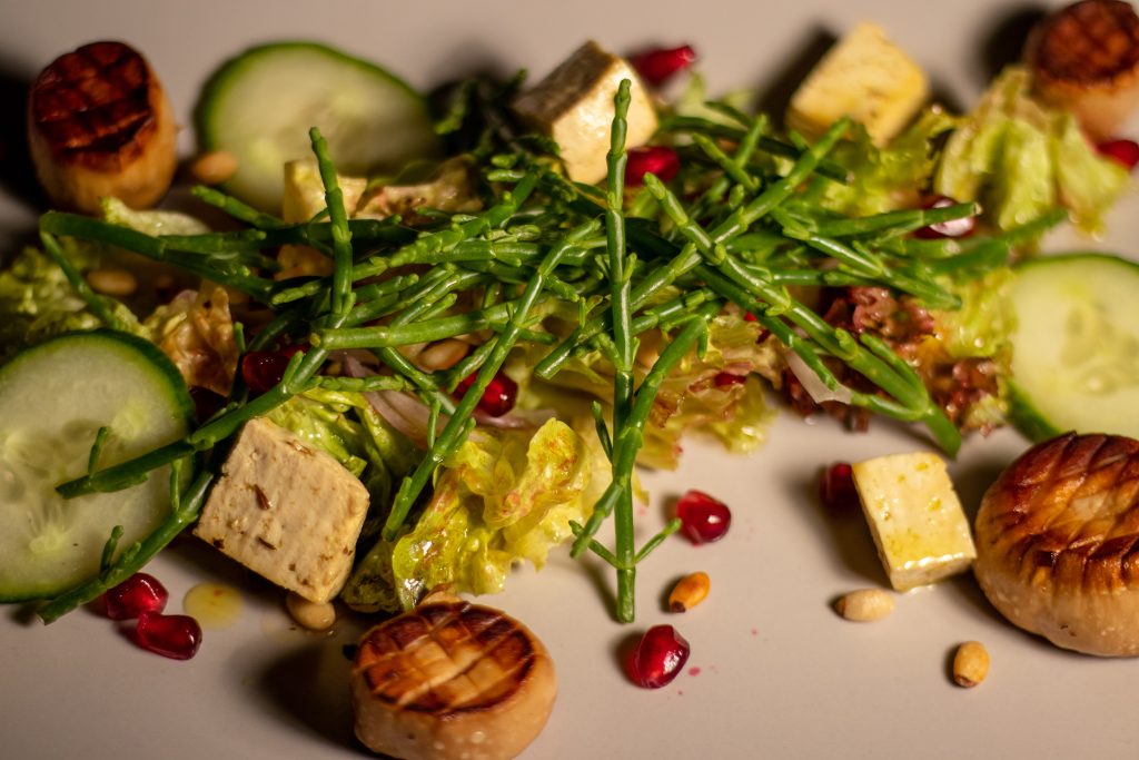 Meeressalat mit Queller, veganen Jacobsmuscheln und Veta