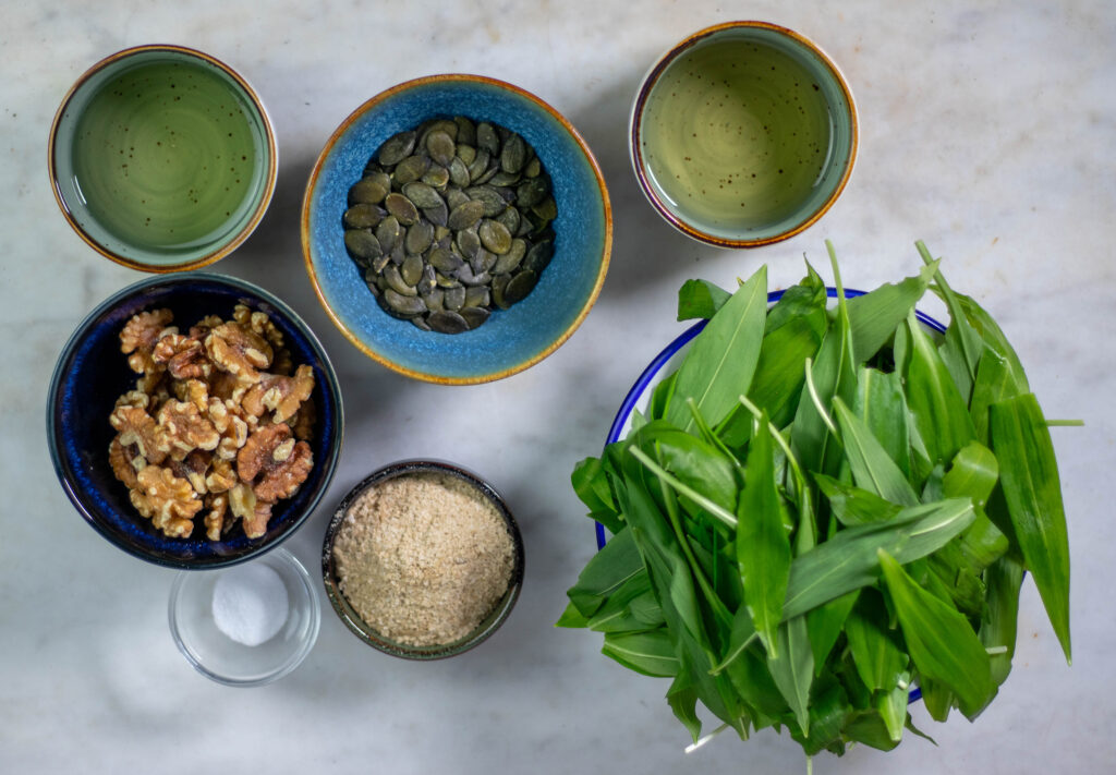 1. Alle Zutaten für das Bärlauch-Walnuss-Pesto. Der Bärlauch wird jetzt grob gehackt.