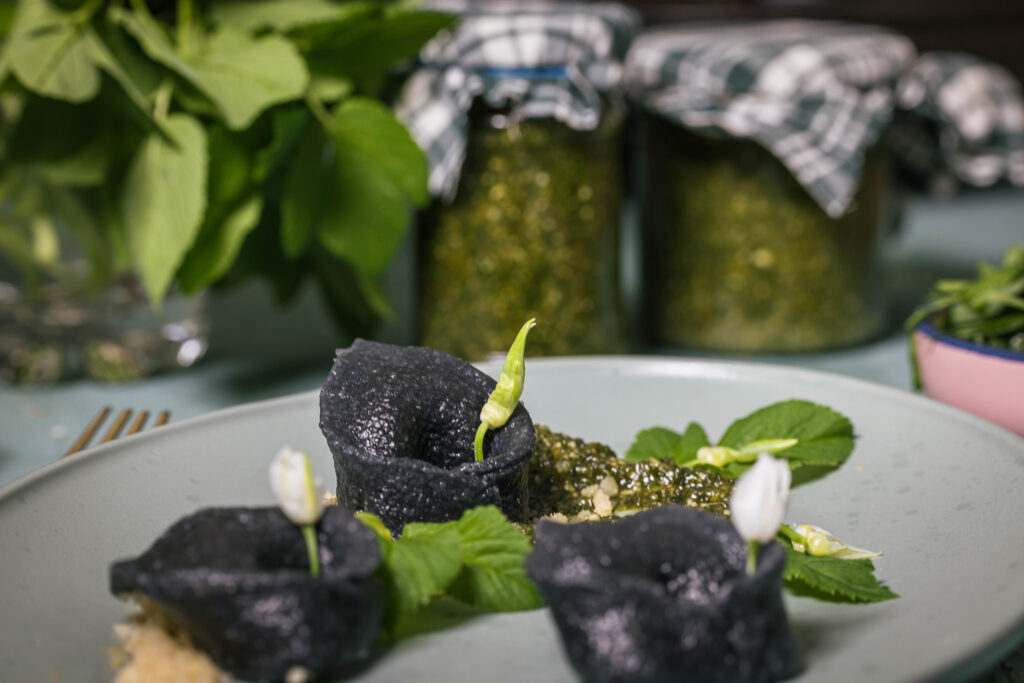 Gierschpesto mit laktofermentiertem Bärlauch auf einem Teller mit schwarzen Bärlauchtortellini und Macadamia Parmesan