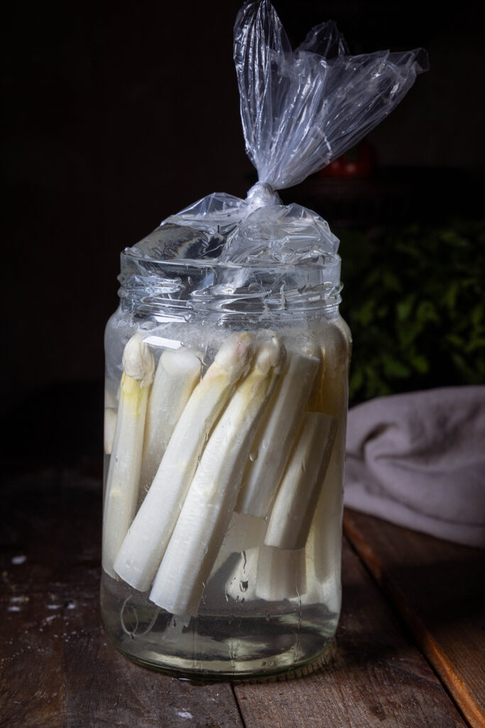 Spargel fermentiert in einem Gefäß. Beschwert mit einem Gefrierbeutel, der mit Wasser gefüllt und zugeknotet ist.