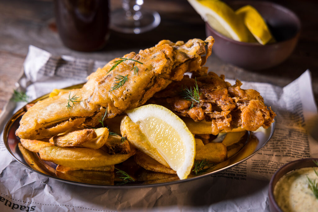 Veganer BackVisch als vegane, englische Fish'n'Chips mit Pommes und Malzessig!