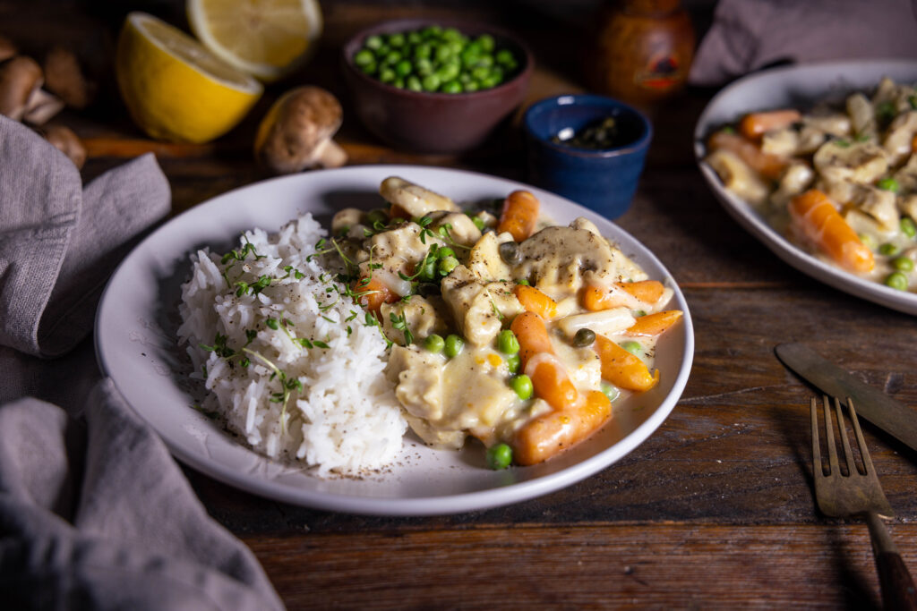 Hühnerfrikassee, vegan mit selbstgemachtem Seitanhühnchen
