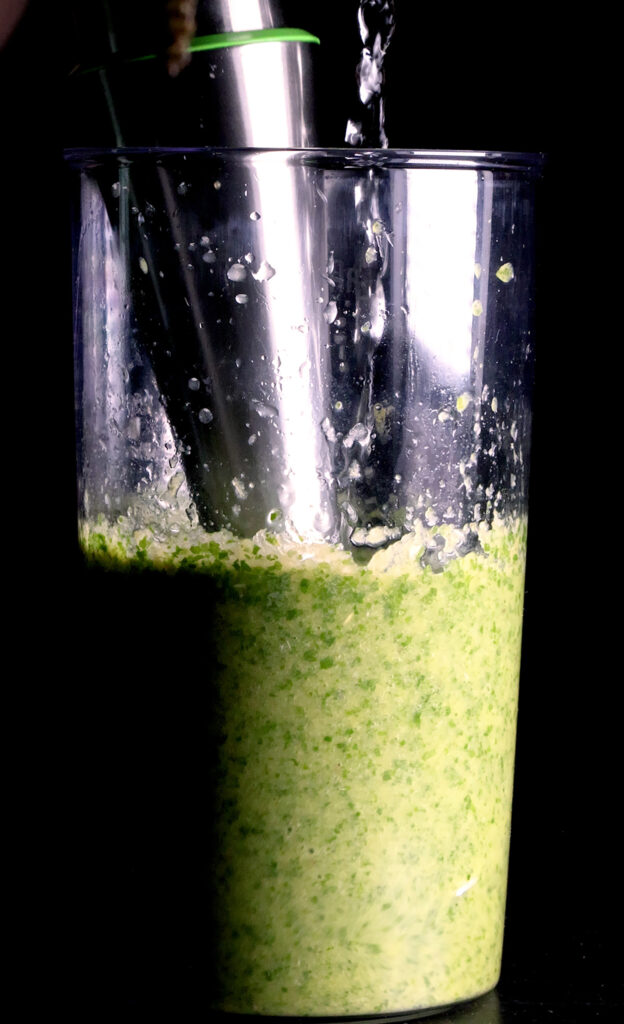 Wildkräuter-Smoothie mit Birkenblättern wird püriert.